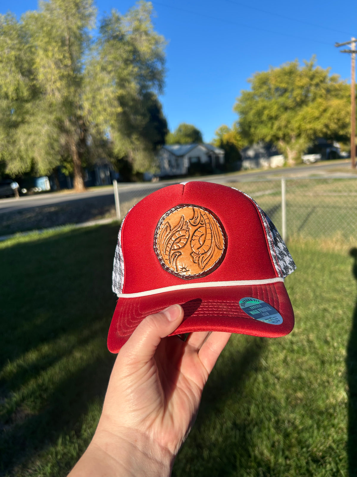 Red Houndstooth tooling trucker hat
