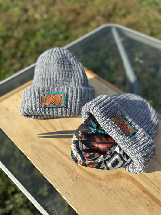 Grey Beanie with Aztec Lining
