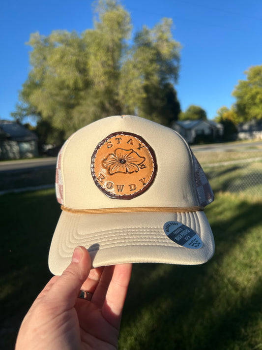 Cream Checkered Stay Rowdy Trucker Hat