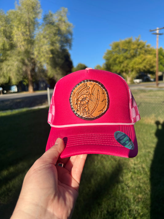Hot Pink Checkered feather trucker hat